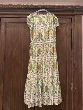 Tory Burch Cream Maxi Dress with Green & Orange Medallion Print